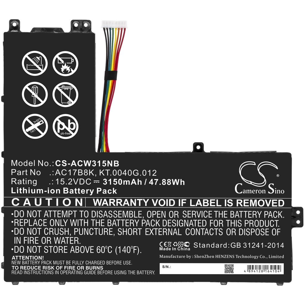 Compatible battery replacement for Acer AC17B8K,KT.0040G.012